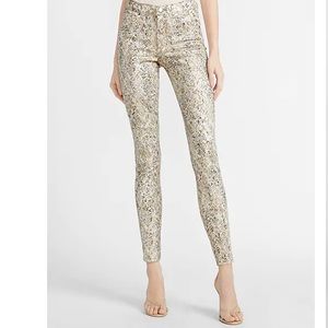 MID RISE FOIL SNAKESKIN PRINT SKINNY JEANS